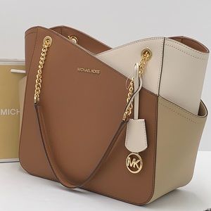MICHAEL KORS Jet Set Large Color-Block Saffiano Leather Tote Bag LUGGAGE MULTI